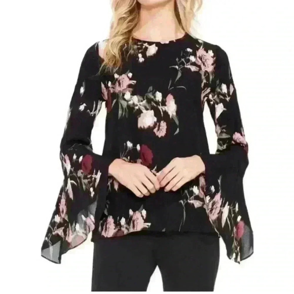 Vince Camuto Flutter Sleeve Blouse. Floral. Black. Size M - Picture 1 of 8